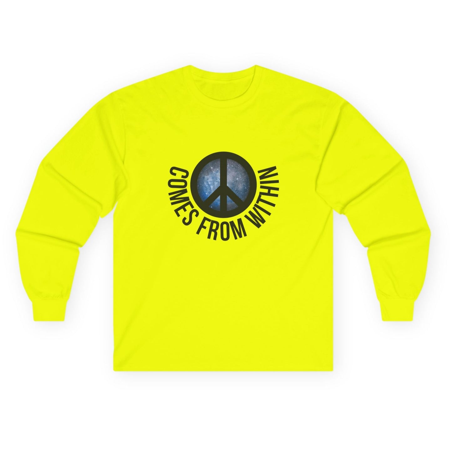 Yellow long-sleeved shirt with a cosmic peace symbol and text "comes from within."