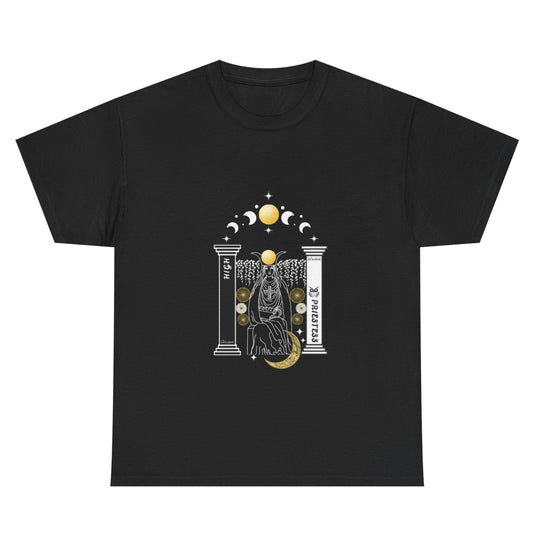 Black t-shirt with a high priestess design in white and gold.