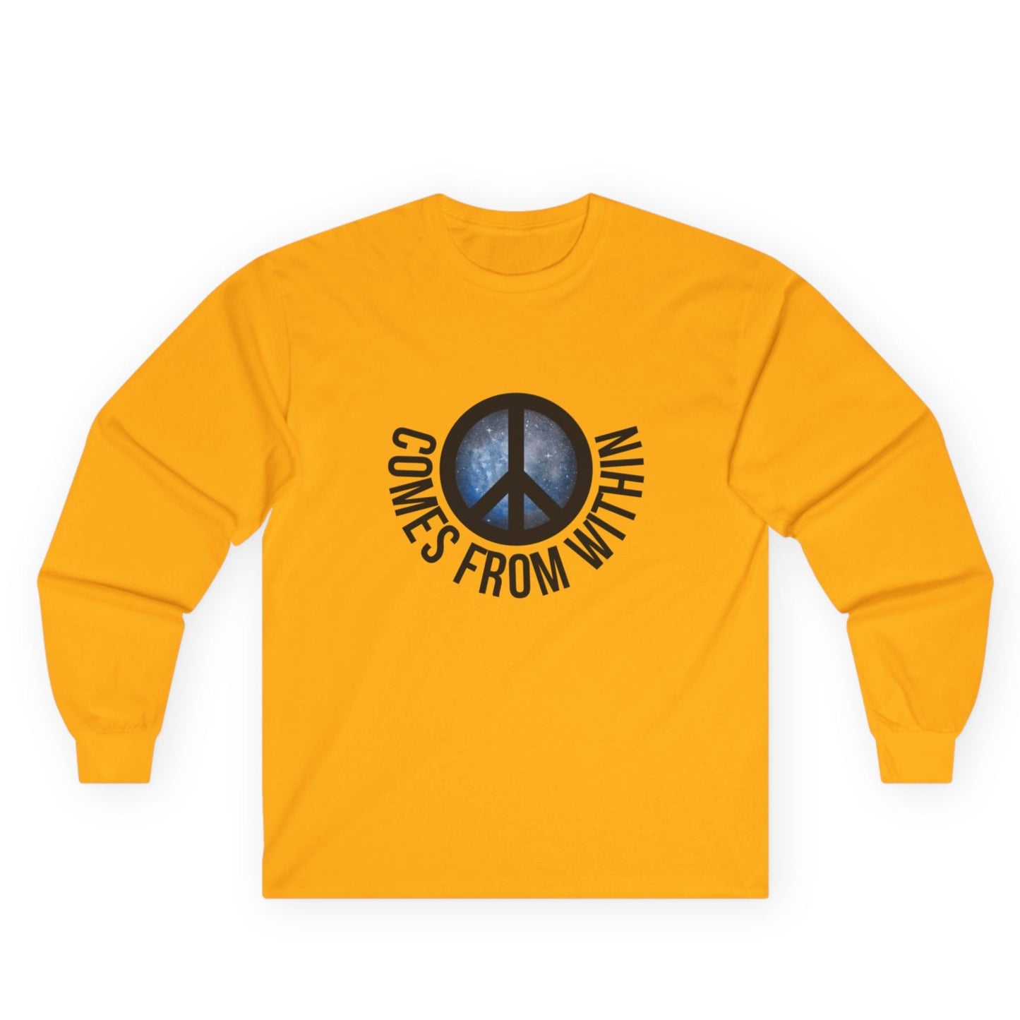 Apricot colored long-sleeved shirt with a cosmic peace symbol and text "comes from within."