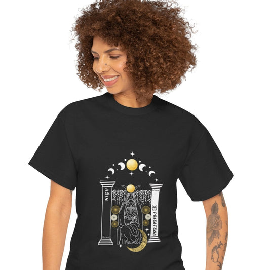 Woman wearing a black t-shirt with a high priestess graphic design in white and gold.