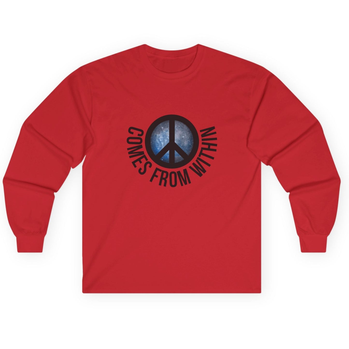 Red long-sleeved shirt with a cosmic peace symbol and text "comes from within."