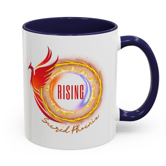 Mug with a phoenix design and 'Rising' text on a white background