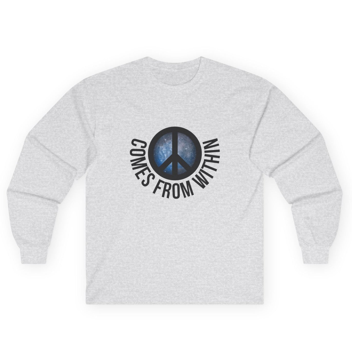 Gray long-sleeved shirt with a cosmic peace symbol and text "comes from within."