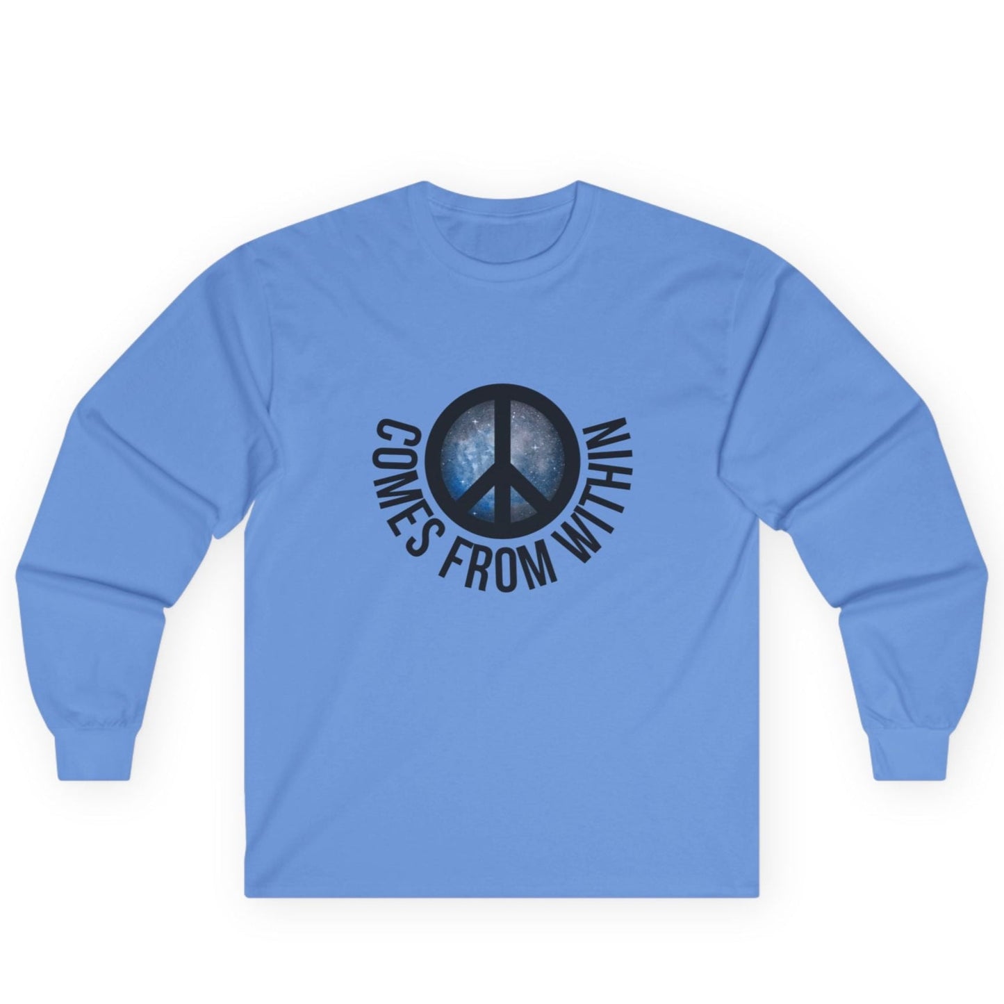 medium blue long-sleeved shirt with a cosmic peace symbol and text "comes from within."