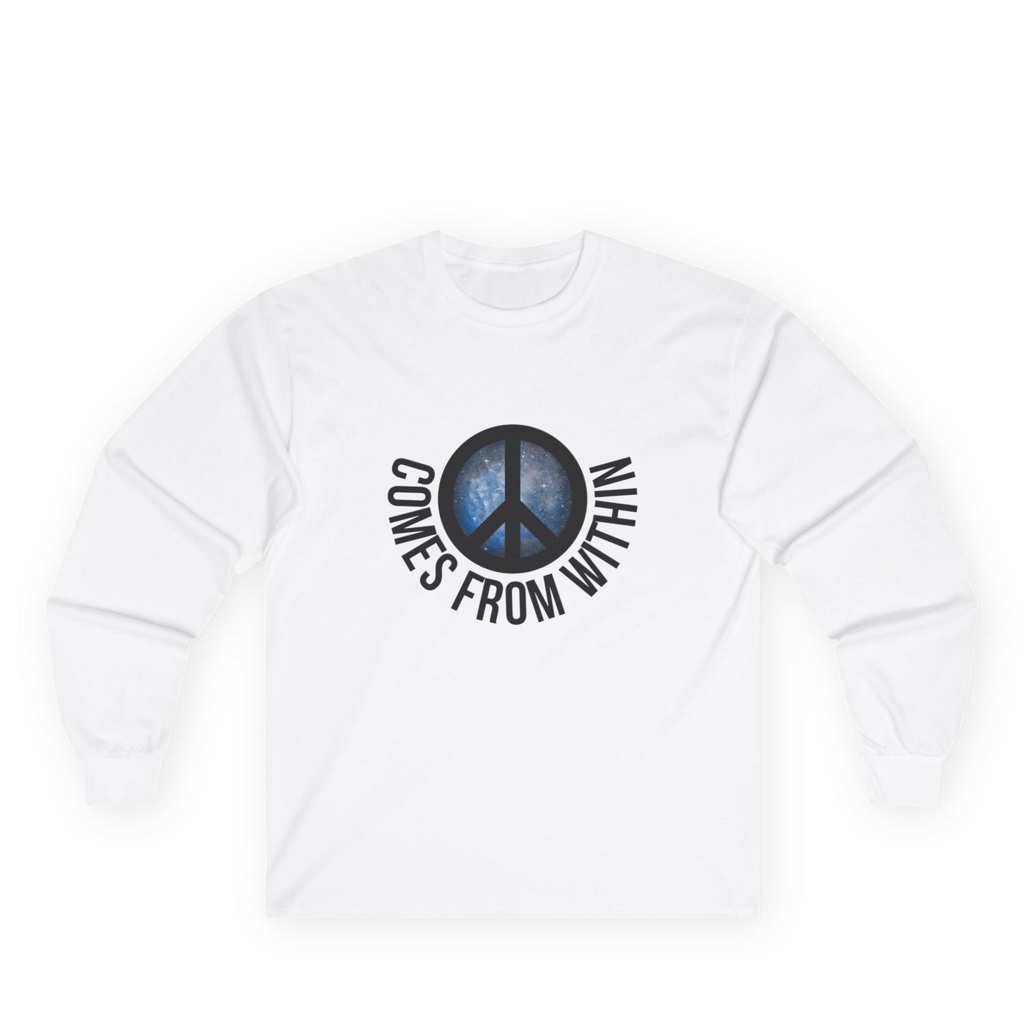 White long-sleeved shirt with a cosmic peace symbol and text "comes from within."