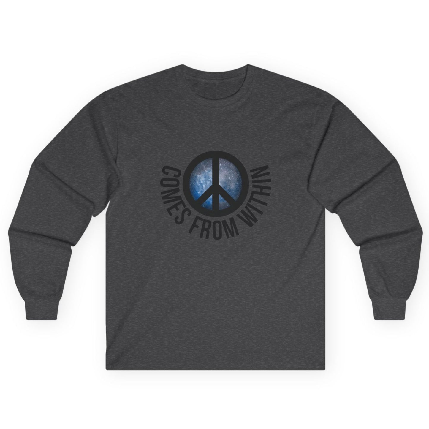 Gray long-sleeved shirt with a cosmic peace symbol and text "comes from within."