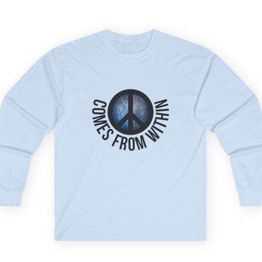Light blue long-sleeved shirt with a cosmic peace symbol and text "comes from within."