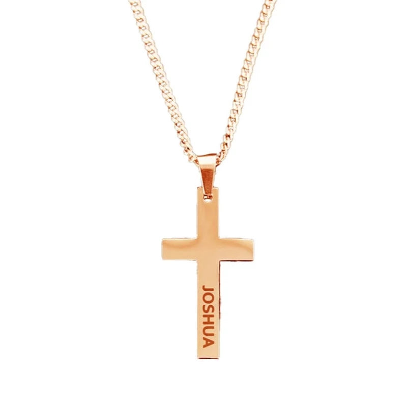 Rose Gold Cross Necklace with Name Engraving