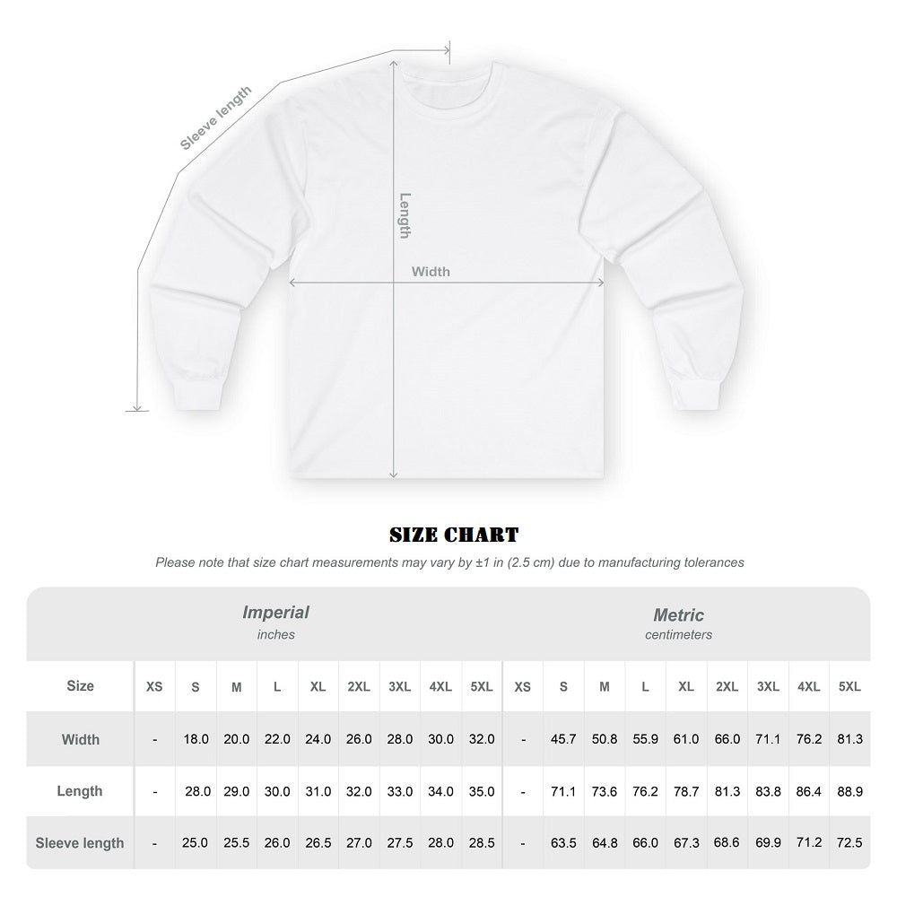 Size chart for a white long-sleeve shirt with measurements in inches and centimeters.