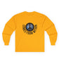 Apricot colored long-sleeved shirt with a cosmic peace symbol and text "comes from within."