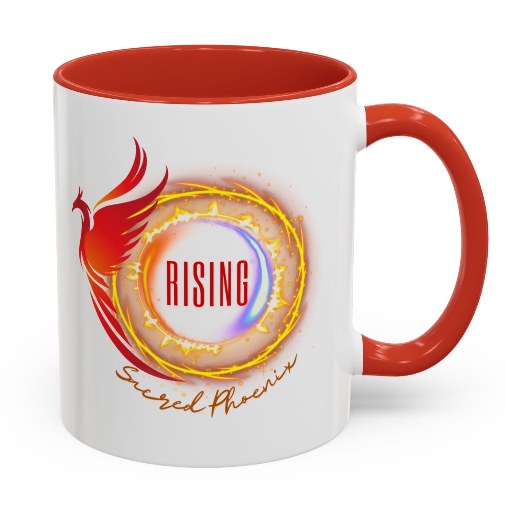 Mug with red interior and handle, featuring a phoenix design and 'Rising' text on a white background.