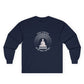 Navy blue long-sleeve shirt with Buddha graphic and white text/quote "peace is within, do not seek it without."