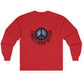 Red long-sleeved shirt with a cosmic peace symbol and text "comes from within."