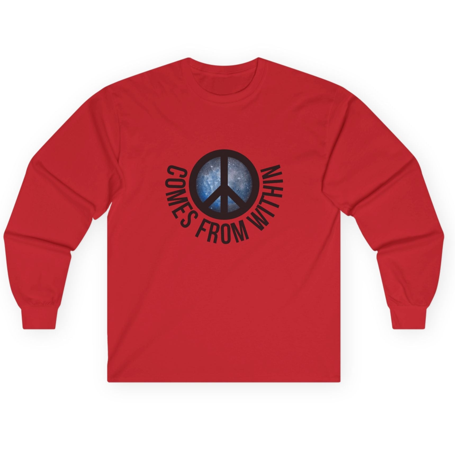 Red long-sleeved shirt with a cosmic peace symbol and text "comes from within."