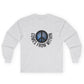 Gray long-sleeved shirt with a cosmic peace symbol and text "comes from within."