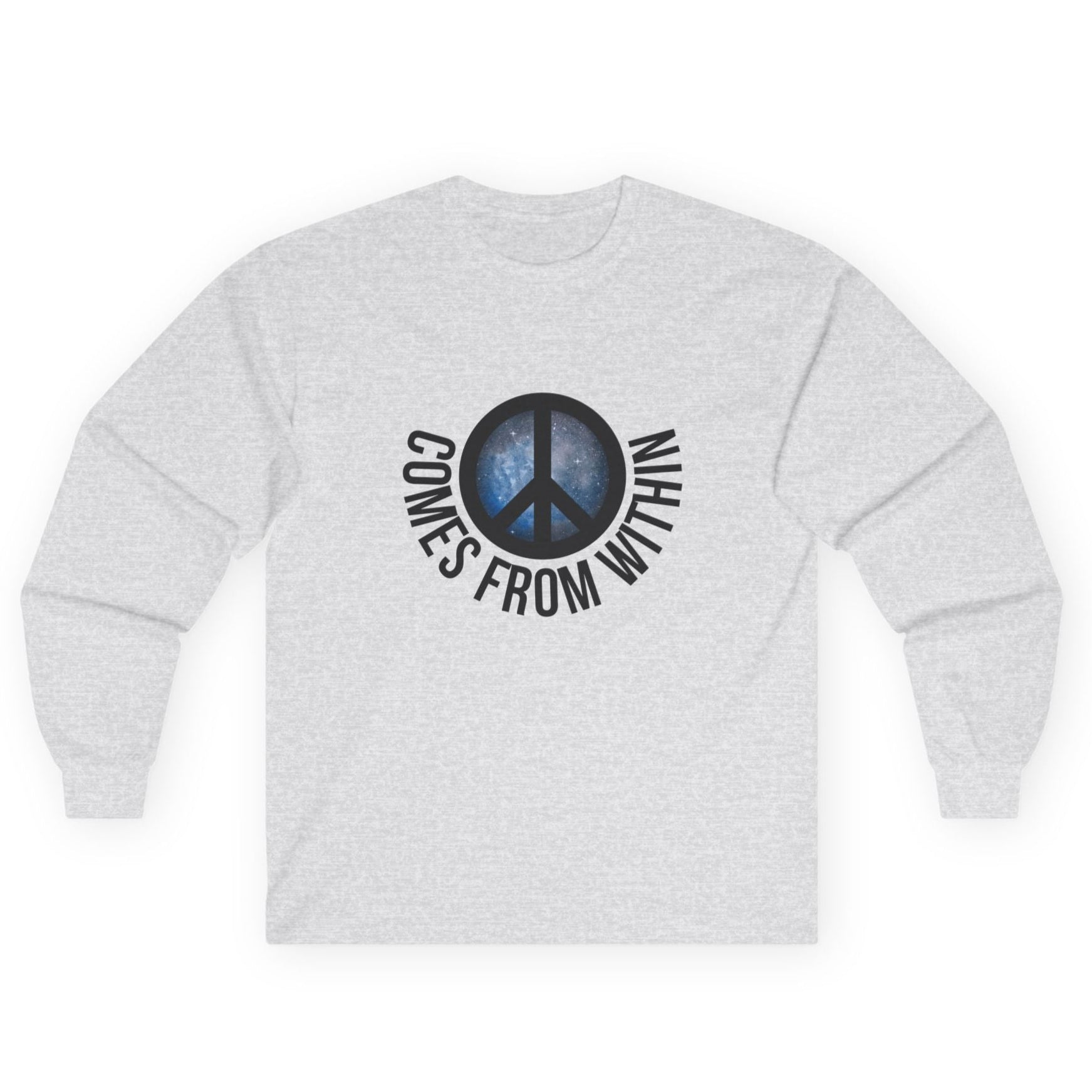 Gray long-sleeved shirt with a cosmic peace symbol and text "comes from within."