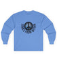 medium blue long-sleeved shirt with a cosmic peace symbol and text "comes from within."