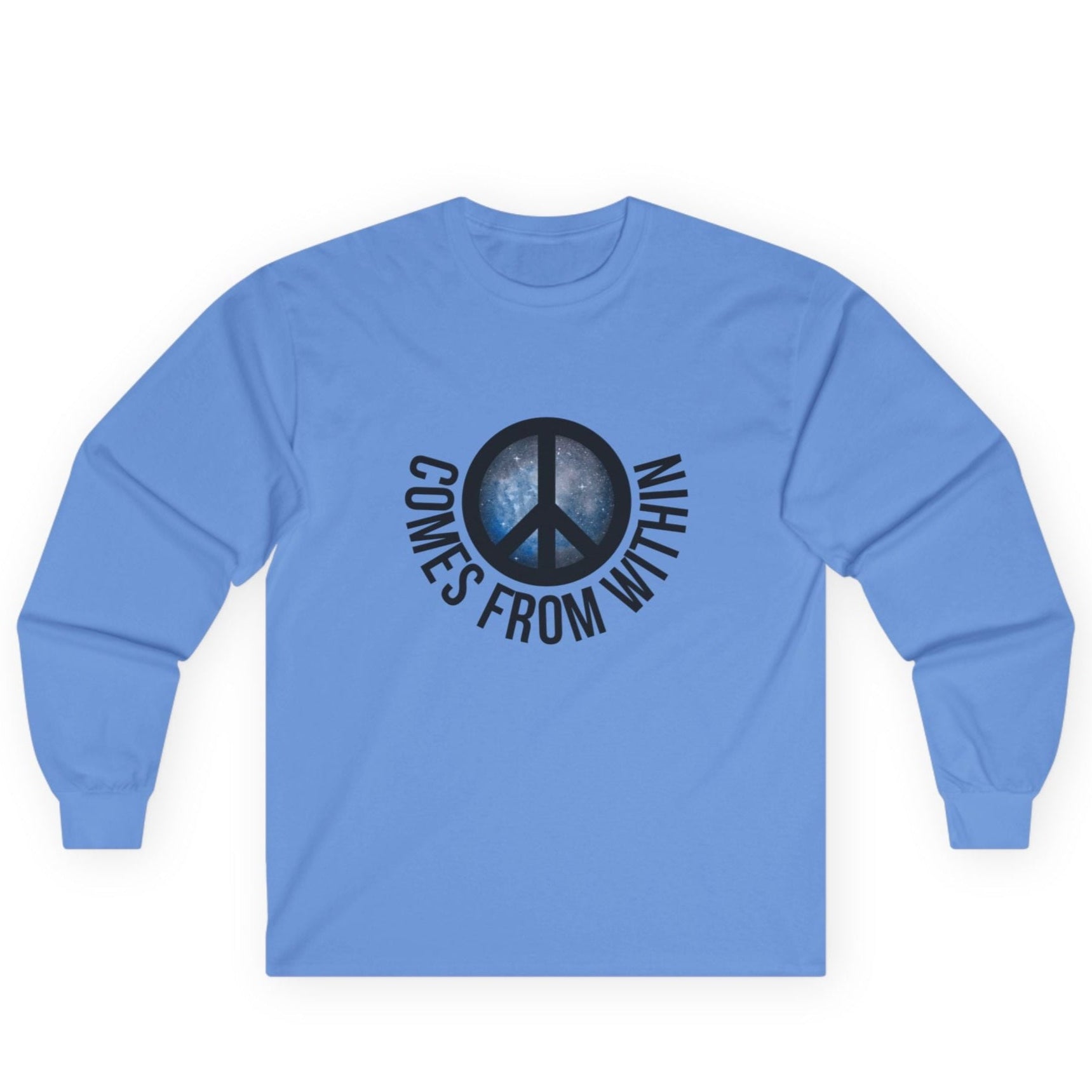 medium blue long-sleeved shirt with a cosmic peace symbol and text "comes from within."