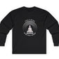 Black long-sleeve shirt with a Buddha graphic and text in white "peace is within, do not seek it without."