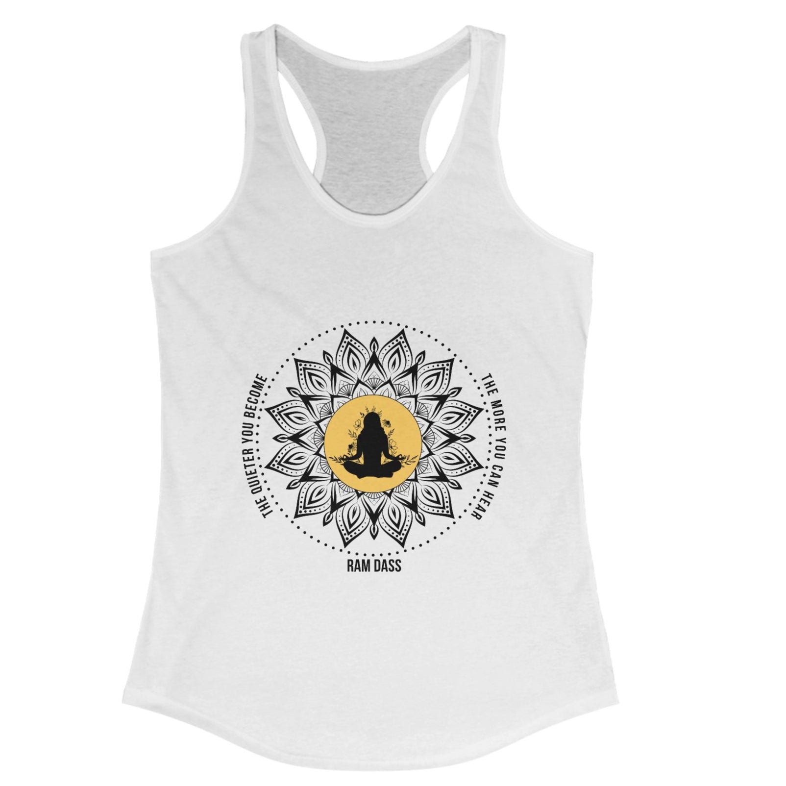 White tank top with a mandala design and a Ram Dass quote on a white background