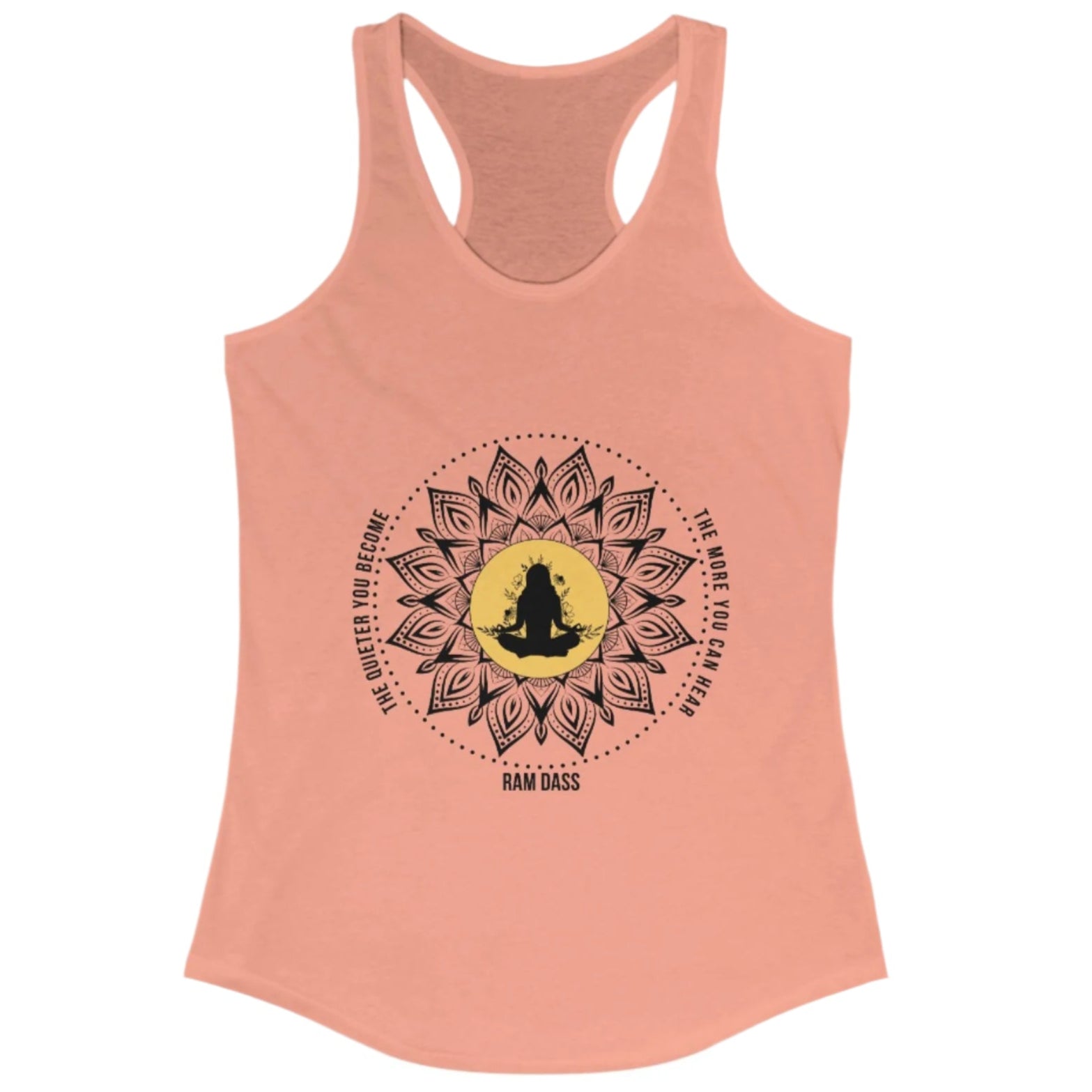Peach-colored tank top with a mandala design featuring a Ram Dass quote 