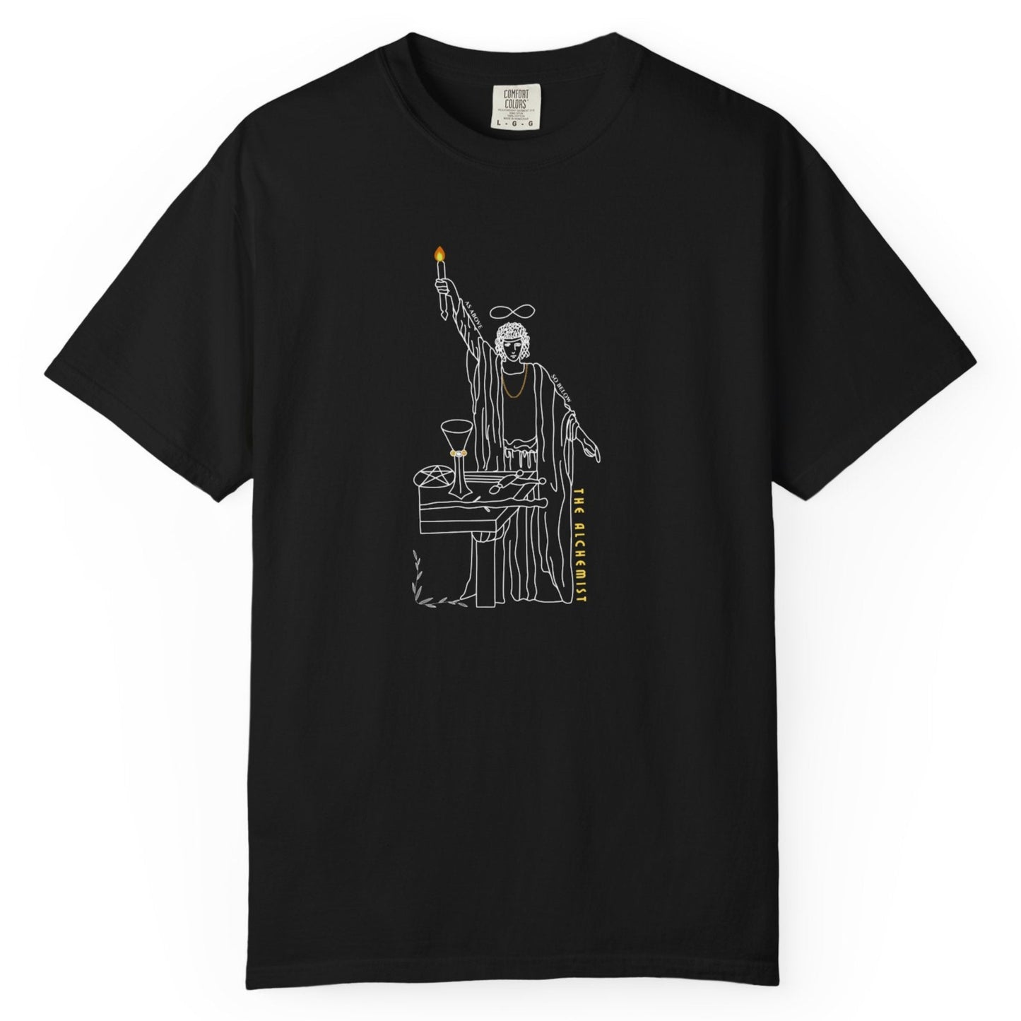 Black t-shirt with a white graphic design of a magician 