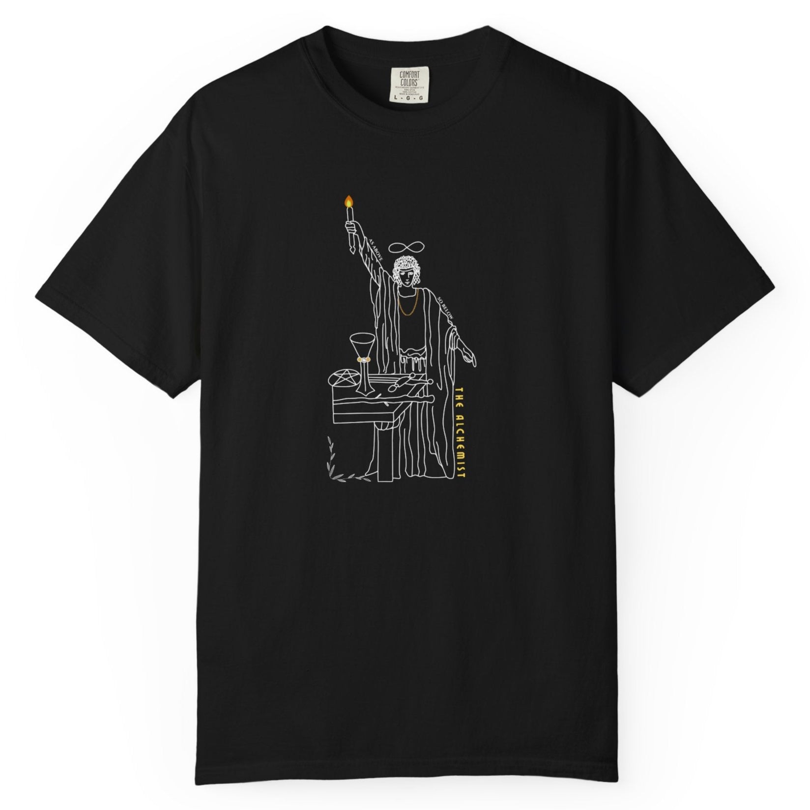 Black t-shirt with a white graphic design of a magician 