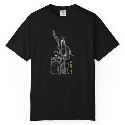 Black t-shirt with a white graphic design of a magician 