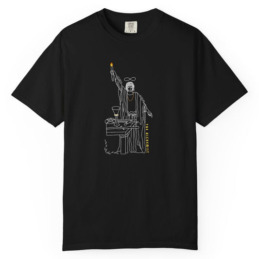 Black t-shirt with a white graphic design of a magician 