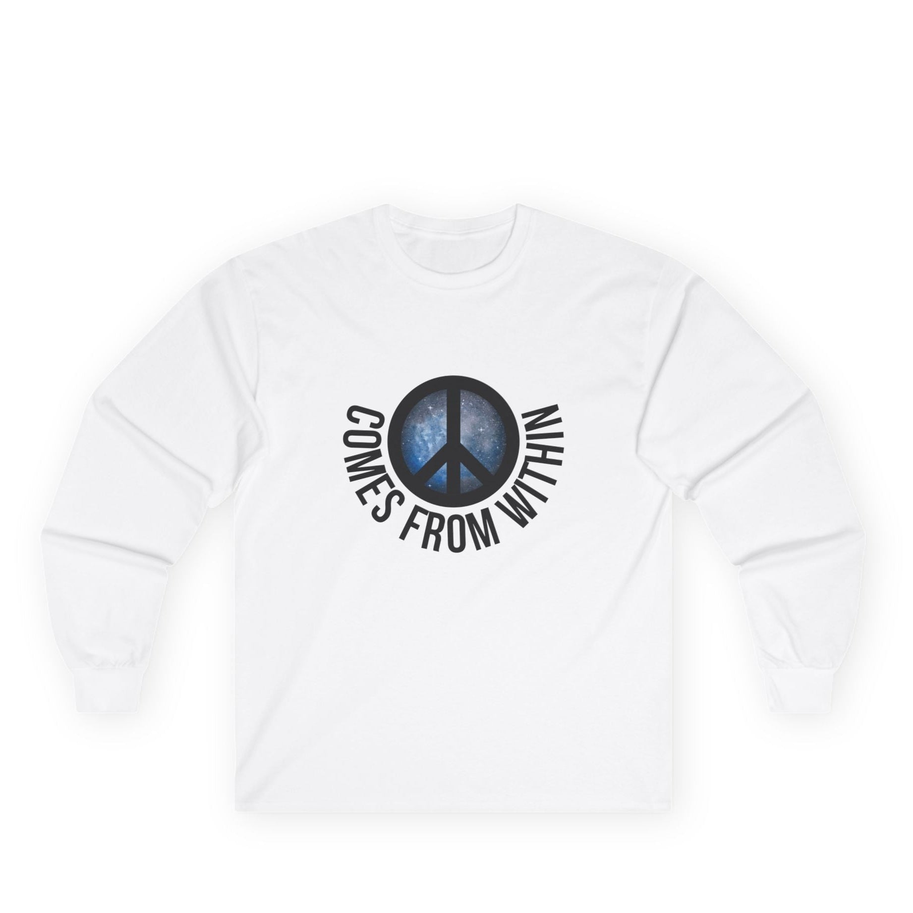 White long-sleeved shirt with a cosmic peace symbol and text "comes from within."