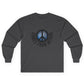 Gray long-sleeved shirt with a cosmic peace symbol and text "comes from within."