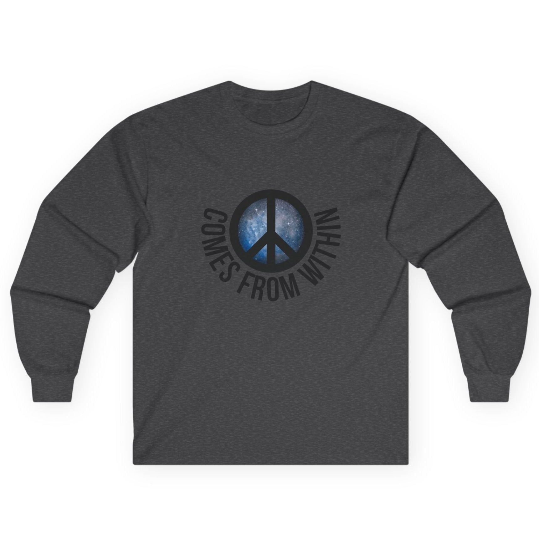 Gray long-sleeved shirt with a cosmic peace symbol and text "comes from within."