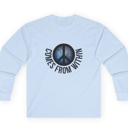 Light blue long-sleeved shirt with a cosmic peace symbol and text "comes from within."