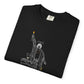 Black t-shirt with a white graphic design of a magician.