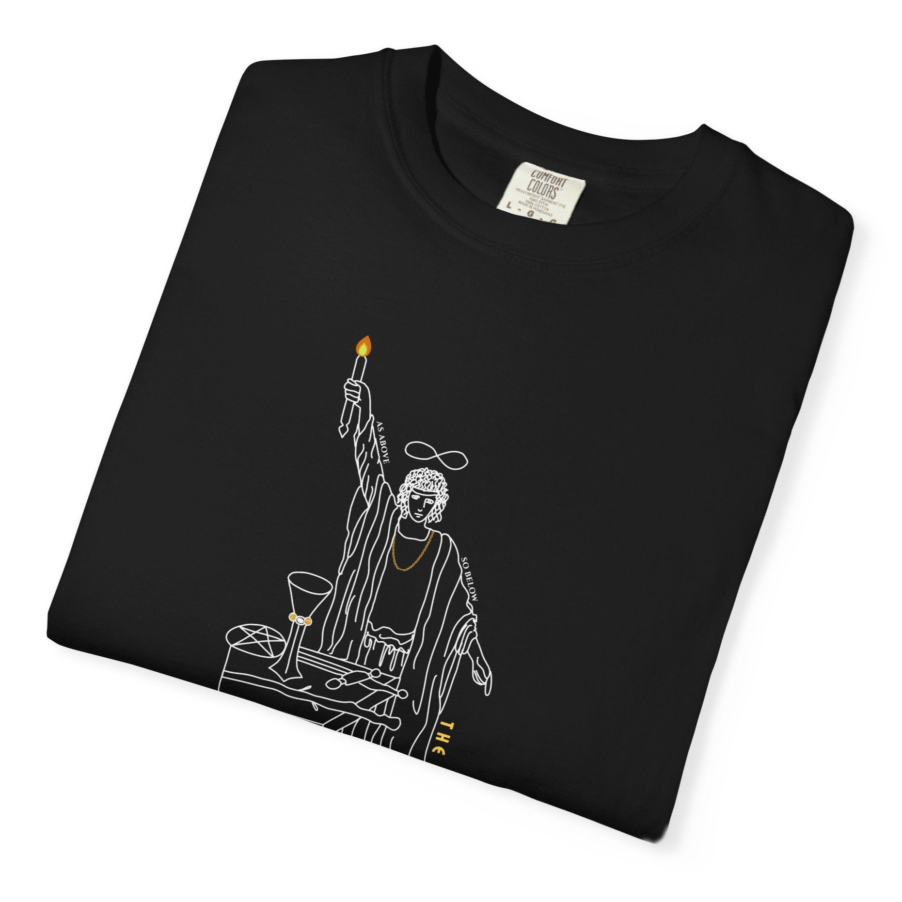 Black t-shirt with a white graphic design of a magician.