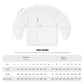 Size chart for a white long-sleeve shirt with measurements in inches and centimeters.
